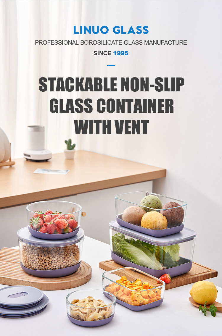 Stackable Non-Slip Glass Containers With Silicone Mat